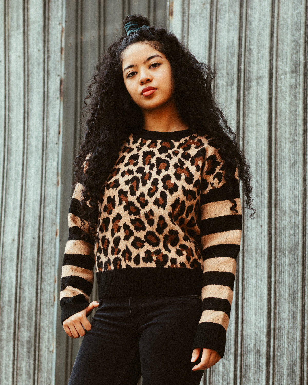 Leopard & Stripe Knit Sweater
